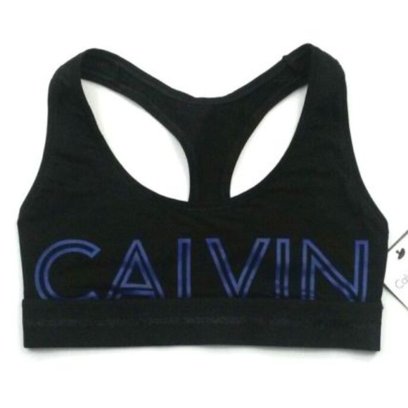 Calvin Klein Racerback Sports Bra M Unlined Workout Blue Logo 13 - Picture 1 of 2